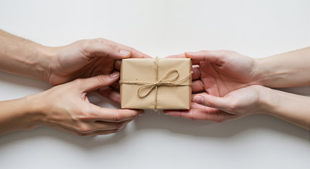 two hands presenting a gift box wrapped in brown paper and tied with string. the image evokes feelings of generosity, celebration, and the joy of giving and receiving presents. minimalist and simple design.の素材