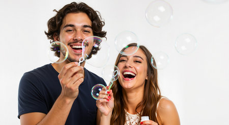 a happy couple is blowing bubbles together. they are having fun and laughing. the background is white. the couple is young and attractive. they look like they are in love and enjoying each other's company.の素材