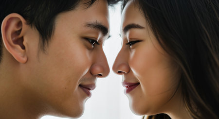 an intimate close-up captures an asian couple in a tender moment. their noses touch gently, eyes meet, and smiles hint at a deep connection. the image evokes feelings of love and affection. Perfect for romance themesの素材