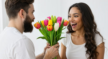 a man is giving a beautiful bouquet of tulips to a woman. she is surprised and happy to receive the flowers. the image conveys a sense of love, romance, and affection between the couple. it is a sweet and heartwarming moment.の素材