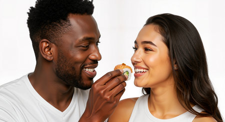 a happy couple shares a piece of sushi. they are smiling and enjoying their time together. the man is feeding the woman, creating a romantic and intimate moment with delicious japanese cuisine.の素材