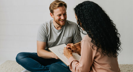 a woman draws a portrait of a smiling man in a sketchbook. they are sitting together indoors. the woman is using a pencil. the man is wearing a t-shirt. they are enjoying their time 200の素材