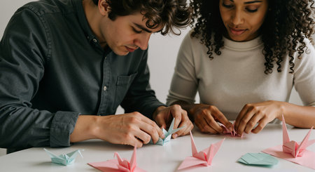 A couple is shown making origami cranes. They are focused and enjoying their time together, learning a new skill. The activity is a fun and creative way to relax and bond. Making paper cranes is a great hobby.の素材