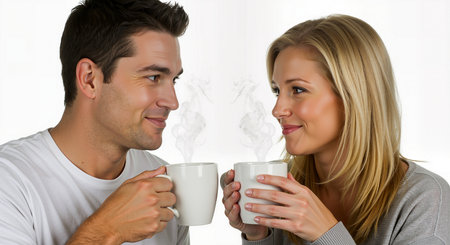a happy couple is enjoying a romantic morning coffee date. the man and woman are drinking hot beverages and looking at each other with love. they are smiling and enjoying their time together. 200の素材