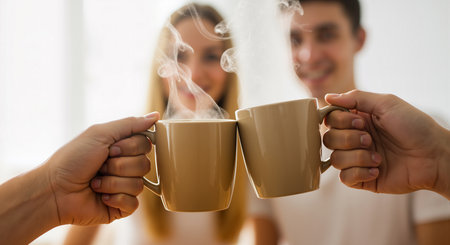 a cheerful couple sharing a warm drink in mugs, enjoying a cozy morning together at home. The steam rises from the hot beverage as they clink mugs in a moment of togetherness and happiness.の素材