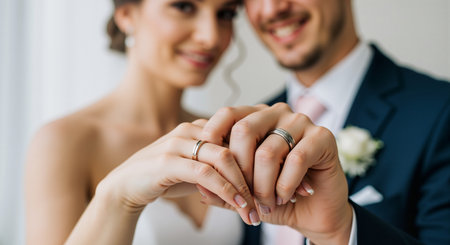 a beautiful close up shot of a bride and groom displaying their wedding rings. the happy couple is celebrating their special day with love and commitment. the rings symbolize their eternal bond.の素材