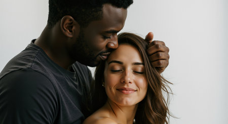 an intimate portrait showcasing an interracial couple in a tender embrace. the african american man gently touches the white woman's head, creating a moment of love and affection. their connection is palpable.の素材