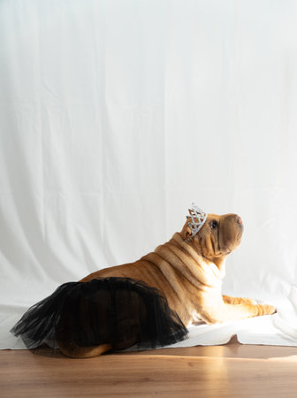 A dog wearing a tiara and a black tutu is laying on a wooden floor. Concept of whimsy and playfulness, as the dog is dressed up in a human-like costumeの写真素材