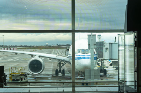 A large airplane is sitting on the tarmac at an airport. The plane is white and blueの写真素材