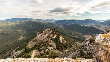 General view of Peyrepertuse castle in the Corbieres mountains range, Franceの写真素材