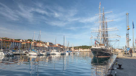 Port-Vendres, France - December 23, 2018: View on the Harbour of Port-Vendres, with the Belem antique shipのeditorial素材
