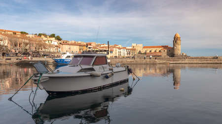 View on the port of Collioure, leasure boats and Notre-Dame-des-Anges church, Franceのeditorial素材