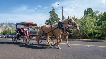 Logan, Utah, United States - August 31, 2018: Heritage horse carriage taken in Logan city center, Utahのeditorial素材