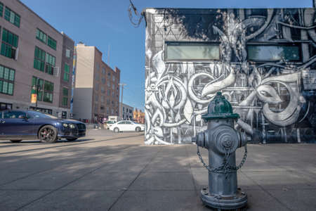 Sacramento, California, United States - September 8, Street mural painted mostly in grey tones with a fire hydrant painted also in grey in the foreground in Sacramento, Californiaのeditorial素材