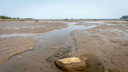 Wide angle view of a lonely walker on a beach at low tide on the St. Lawrence river by a sunney...