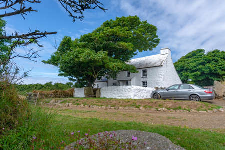 Pembrokeshire Coast National Park, Wales, United Kingdom - July 24, 2018: Typical white traditional country house protected by an old oakのeditorial素材