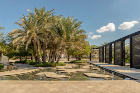 Clump of date trees and memorial, Umm Al Emarat Park, Abu Dhabi, United Arab Emiratesの写真素材