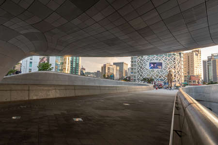 Seoul, South Korea - June 11, 2019: Entrance of the Dongdaemun design plaza, taken at sunset