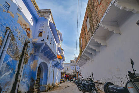 Pushkar, India - December 7, 2015: Lilac building in Pushkar taken on a winter sunny afternoon.のeditorial素材