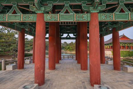 Gyeongju, South Korea - June 5, 2019: Detail of one pavilion of the Donggung Palace, shot at the end of the afternoonのeditorial素材