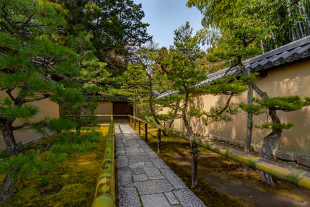 Kyoto, Japan - March 18, 2017, One footpath of the Daitoku-ji zen garden with shade of pine trees on a wall and taken during a sunny spring afternoonのeditorial素材