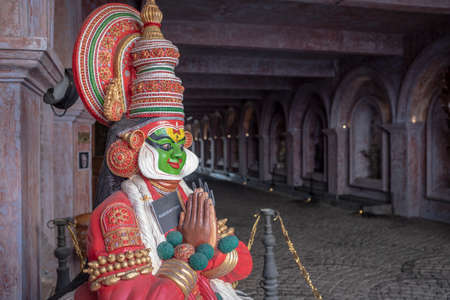 Kochi, Kerala, India - April 5, 2018:  Wooden traditional Kathakali character, in the historical district of Kochi, with no people, Indiaのeditorial素材