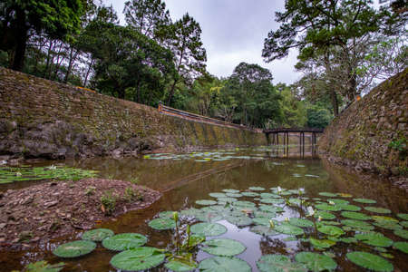 A moat with waterlilies, with no people and a wood bridge in the background, Hue, Vietnamの写真素材