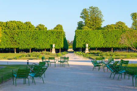 Stone urns and empty chairs in the Tuileries garden in Paris along an alley with row of chestnut trees in the background, seen from afar and taken in a sunny spring morningの写真素材