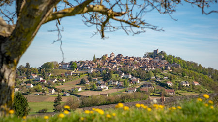 A view framed with a tree on the old city of Sancerre seen from the Sancerre vineyards, taken on a sunny spring day, Burgundy, Franceの写真素材