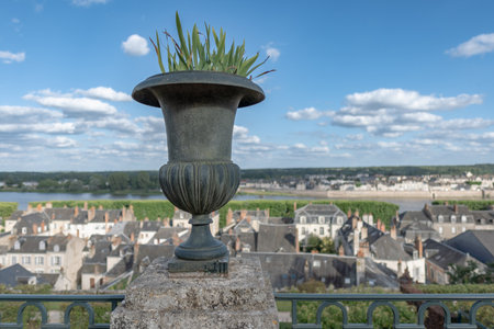 One single garden urn overlooking the French city of Blois. Taken during a sunny summer day with no peopleの写真素材