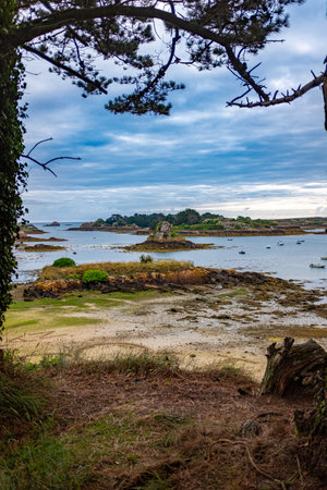 A small rocky island off Brehat Island. Taken from the shore on an overcast summer morning, Brittany, France.の写真素材