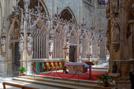 Stalls of the choir of the Condom Cathedral, France, taken on a sunny day with no peopleの写真素材