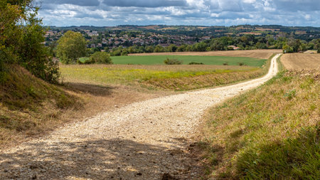 View on the rolling landscape of South West France near Condom on the Camino de Santiago, taken on a partly overcast day with no recognizable peopleの写真素材