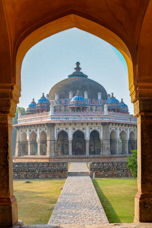 Framed view of the Isa Khan's Tomb in New Delhi, India, taken early morning with a beautiful light, with no people.の写真素材