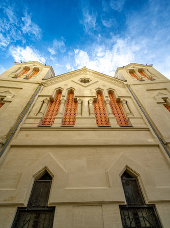 A low-angle view of the the St. Front Cathedral of Perigueux, Dordogne, France. Taken during a...