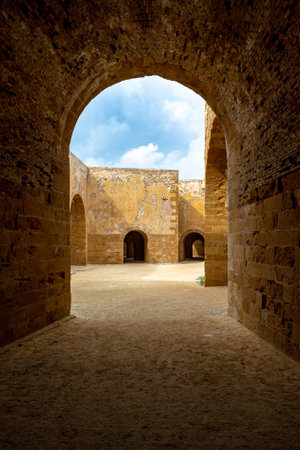 Basement structure of the Castello Maniace, Syracuse, Sicily, Italy. Taken under a stormy winter sky with no people.の写真素材