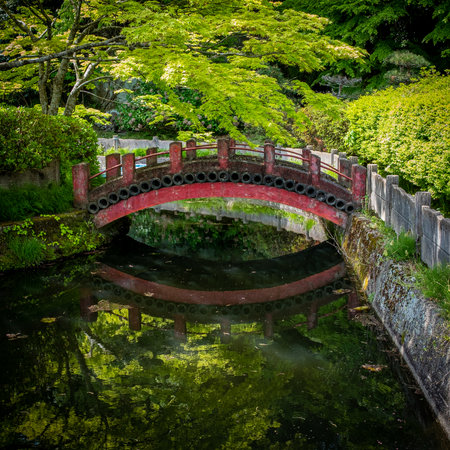 Red japanese traditional temple bridge reflecting in water. Taken at the entrance of the Zuigan-ji temple, Sendai, Japan, taken in springtime with no people.の写真素材