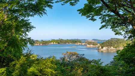 A tree framed view of the islands of the bay of Matsushima, Japan, taken on a sunny springtime day with no people.の写真素材