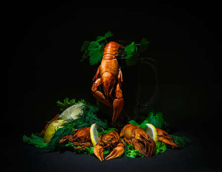 boiled crayfish, beer mug, on a dark background, beautiful, appetizingの写真素材