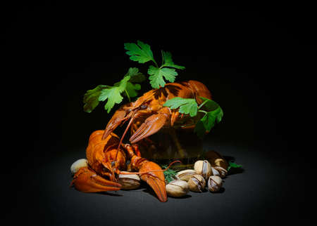boiled crayfish, beer mug, on a dark background, beautiful, appetizingの写真素材