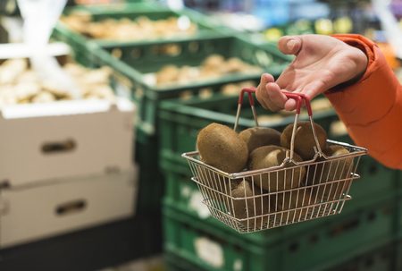 Fruits in supermarket. Buying kiwi in shop. Small basket.の写真素材
