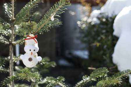 Snowman on fir branchの写真素材