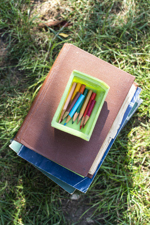 Small pencils in a box and booksの写真素材