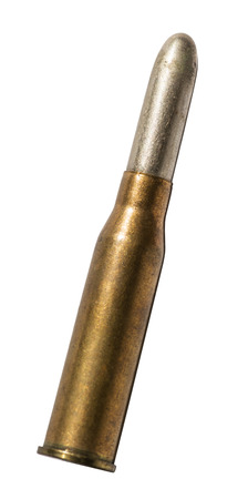 One weapon cartridges ammunition on clean background. Single isolated bullet on white background.