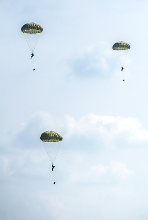 Parachutists jump from a military plane during a military exercise. Many soldiers with parachutes in the sky.の写真素材