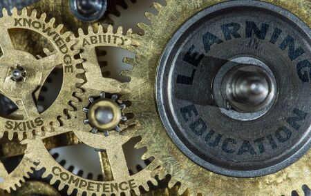 Gears of mechanism with texts on them - knowledge, competence, skills, learning, education