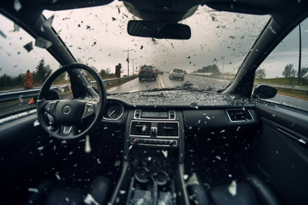 Car crash. Incident. Transparent Windshield Reveals Wet Vehicle Interior and Dashboard Controls. Broken window.の素材