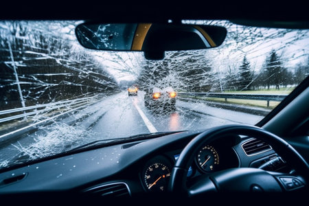 Car crash. Incident. Transparent Windshield Reveals Wet Vehicle Interior and Dashboard Controls. Broken window.の素材