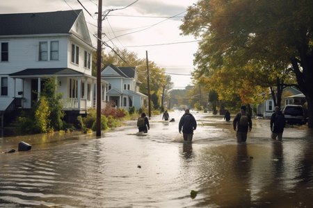 Group of People Navigate Flooded Street Near Architectural Buildingの素材