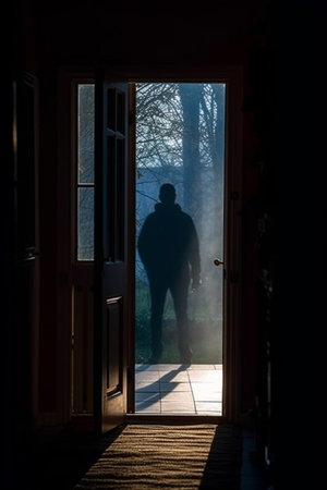 A thief breaks into a home. Domestic robbery. A hooded figure in black clothing wears a mask at a window.の素材